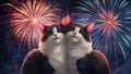 Two cats are hugging each other in front of fireworks, AI Royalty Free Stock Photo