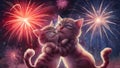 Two cats hugging each other in front of fireworks, AI Royalty Free Stock Photo