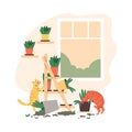 Two cats knocked over flower pots, chaos house fallen pot with flower, disorder from pet owner, vector cartoon pet mess