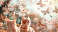 Two cats are looking at butterflies in the sky Generative AI