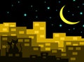 Two cats in love sitting on the building with Crescent Moon at night,lover couple,vector. Royalty Free Stock Photo