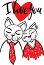 Two cats in love. symbolic picture of valentines day. Vector hand drawn doodle line illustration