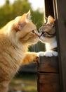 Two cats are nuzzling each other on a wooden fence Royalty Free Stock Photo