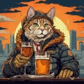 Post-apocalyptic Cat In Winter Coat: Graphic Illustration With Munich Helles Lager