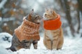 Two cats in orange sweaters in the snow. Generative AI Royalty Free Stock Photo