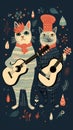Two cats playing guitar in the forest, AI