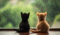 Two cats sit facing one another with a warm and sunny window sill behind them, creating a heartwarming scene Royalty Free Stock Photo