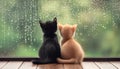 Two cats sit facing one another with a warm and sunny window sill behind them, creating a heartwarming scene Royalty Free Stock Photo