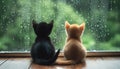 Two cats sit facing one another with a warm and sunny window sill behind them, creating a heartwarming scene Royalty Free Stock Photo