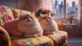 Two cats sitting on a couch in front of flowers, AI Royalty Free Stock Photo