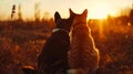 Two cats sitting in a field at sunset Royalty Free Stock Photo
