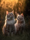 Two cats sitting in the grass and looking at the camera at sunset