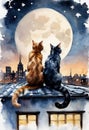 Two night cats and the moon in watercolor Royalty Free Stock Photo