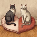 Two cats sitting on a sofa in the shape of a heart. Royalty Free Stock Photo