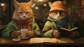 Two cats sitting at a table with coffee and books, AI Royalty Free Stock Photo