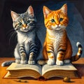 Two cats sitting on top of an open book, illustration of two cats. Beautiful picture of cute cats Royalty Free Stock Photo