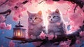 Two cats sitting on a tree branch with pink flowers, AI Royalty Free Stock Photo