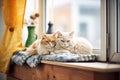 two cats snuggled on a warm window bench Royalty Free Stock Photo