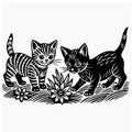 two cats are standing in the grass in this woodcut