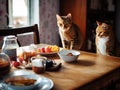 Two cats steal food on a wooden table near a window with morning light. Country breakfast concept. Generative AI