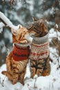 Two cats in sweaters kissing in the snow. Generative AI Royalty Free Stock Photo