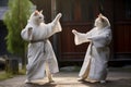 Cats monks are engaged in tai chi. Legs wide stance, paws in air