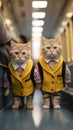 two cats in yellow jackets wearing school bags