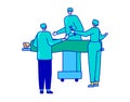 Two caucasian doctors in uniform with a nurse are operating the patient on bed in hospital vector, illustration isolated