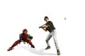 The two caucasian men baseball players playing in studi. silhouettes isolated on white background