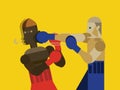 Two caucasian men exercising thai boxing. flat character design.