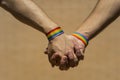 Two Caucasian men holding hands with a rainbow-patterned wristband against a brown background