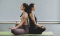 Two Caucasian women exercise doing the yoga pose stretching at home, healthy lifestyle concept Royalty Free Stock Photo
