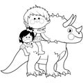 Children riding a triceratops prehistoric animal. Vector black and white coloring page