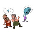 Two cavemen making fun of an alien