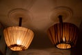 Two ceiling lamps with retro style lampshades draped with tulle covers. Lamp shades sewed from transparent brown tulle. Royalty Free Stock Photo