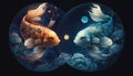 Two Celestial Koi Carp Fishes in Space, Dark Background, AI Generative