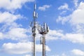 Two cell towers against the blue sky with clouds. Mobile communications and communications. Royalty Free Stock Photo