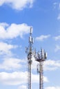 Two cell towers against the blue sky with clouds. Mobile communications, telephone network and communications.