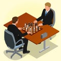Two CEO playing chess using businessman. Business concept. Flat 3d isometric vector illustration.