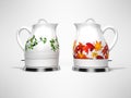 Two ceramic electric kettle with green and red coloring 3d render illustration on gray background with shadow