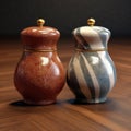Two ceramic salt and pepper shakers on a wooden table - black background