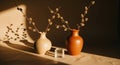 Two ceramic vases with willow branches and a glass cube on a textured surface with dramatic lighting Royalty Free Stock Photo