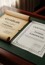 Two certificates are displayed on a wooden table with a green mat. The first is a scroll-style, Royalty Free Stock Photo