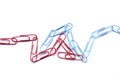 Two chains of paperclips, blue and red, on white background