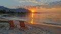 Two chairs on the beach at sunset with a beautiful view, AI Royalty Free Stock Photo