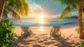 Two chairs on the beach at sunset with palm trees in background, AI