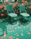 Minimalistic conceptual summer background with two chairs. Generative AI
