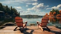 Two chairs on a dock overlooking a lake. Generative AI. Royalty Free Stock Photo