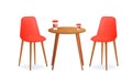 Two chairs with and drink cup on wood table. Cafe for meet and talk. Modern furniture for house or shop.