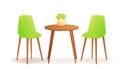 Two chairs with and drink cup on wood table. Cafe for meet and talk. Modern furniture for interior house or shop.